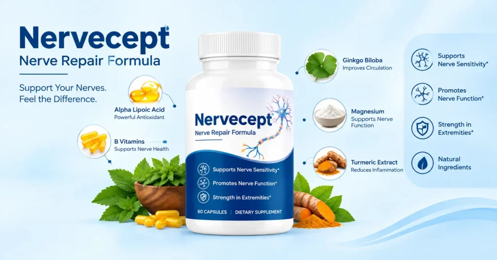 Nervecept supplement bottle with ingredient highlights and nerve support formula