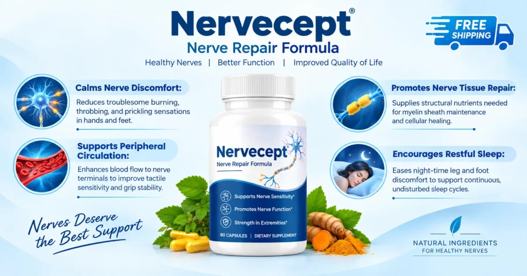 Nervecept supplement benefits for nerve comfort, circulation, tissue repair, restful sleep, and free shipping